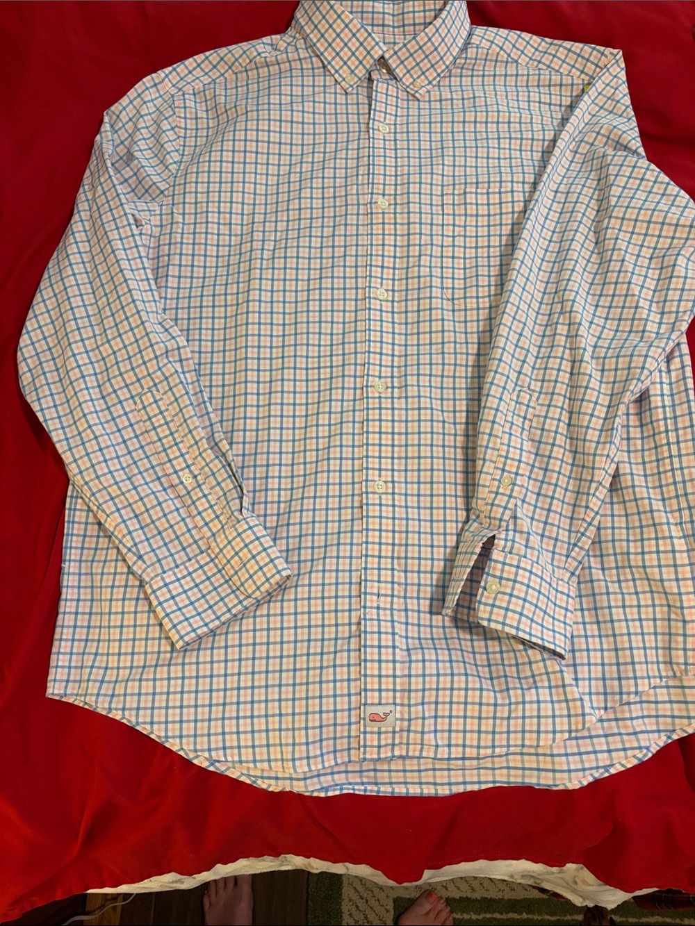 Vineyard Vines White Shirt with Blue and Pink Windowpane Check